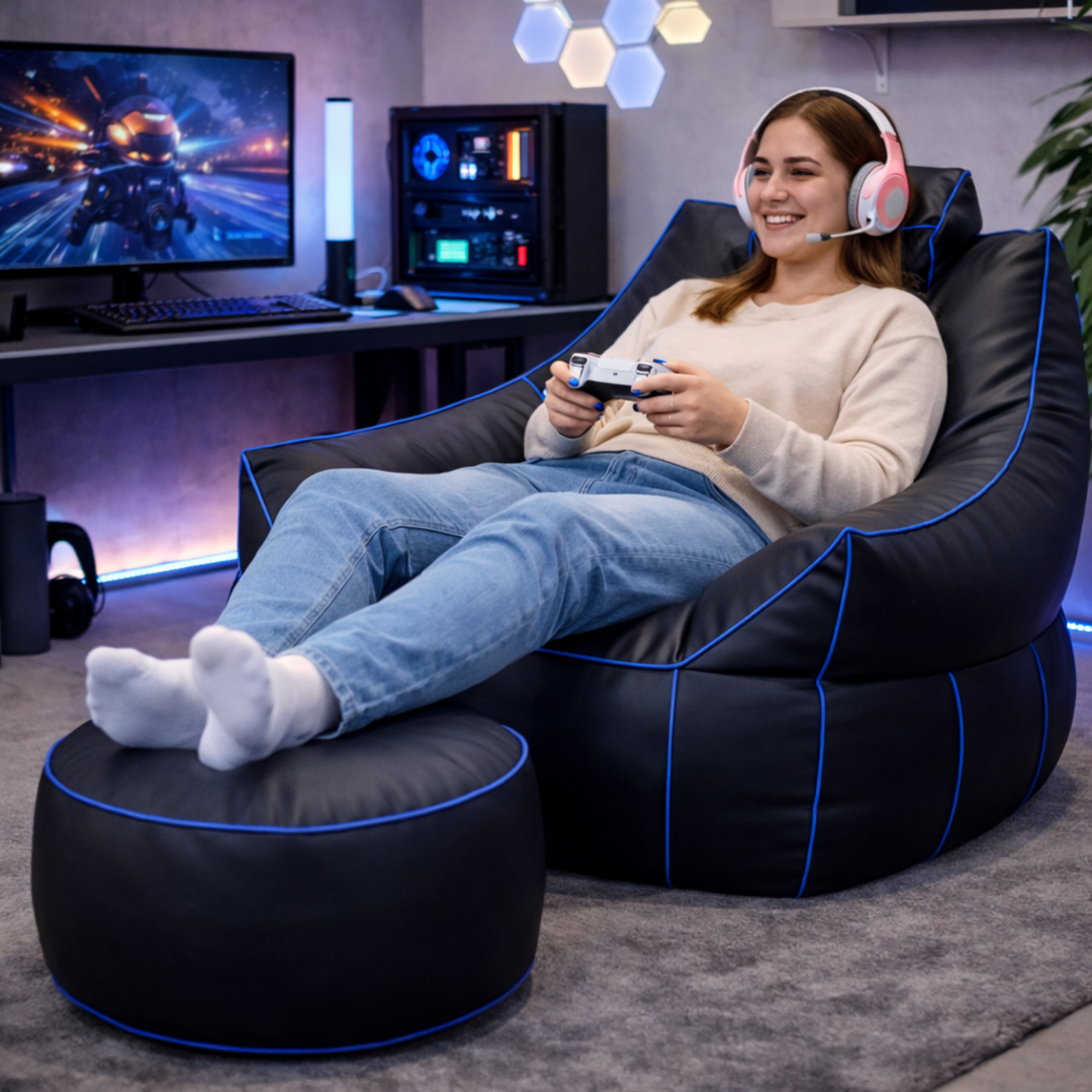 Pouf gaming en similicuir - 100x110 cm + Repose-pieds