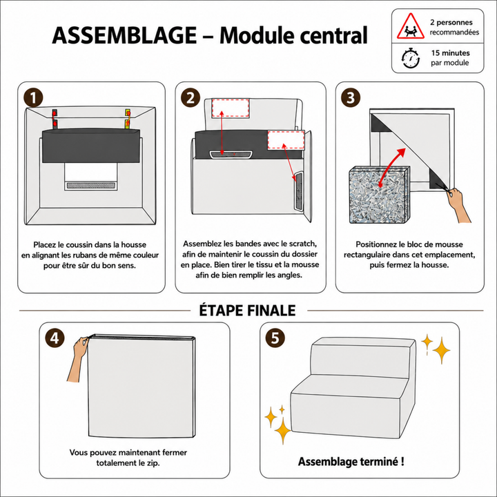 Module central déhoussable - Pour canapé modulable - Velours côtelé - 90x82 cm