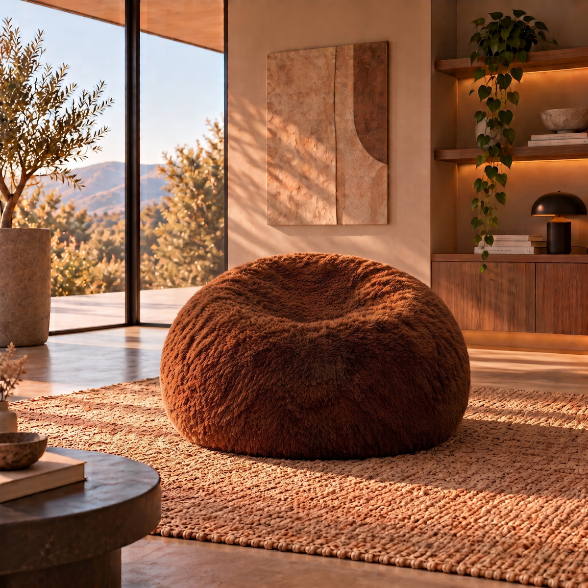 Pouf géant Banabag en fourrure marron, forme ronde, vue dans un intérieur