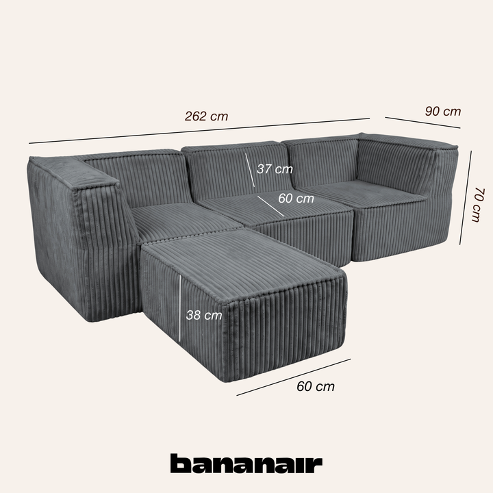 Canapé modulable 3 places avec méridienne - Velours côtelé - 90x262 cm