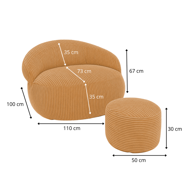 Pouf XXL En Velours Côtelé Déhoussable - 110 X 100 Cm + Repose-Pieds