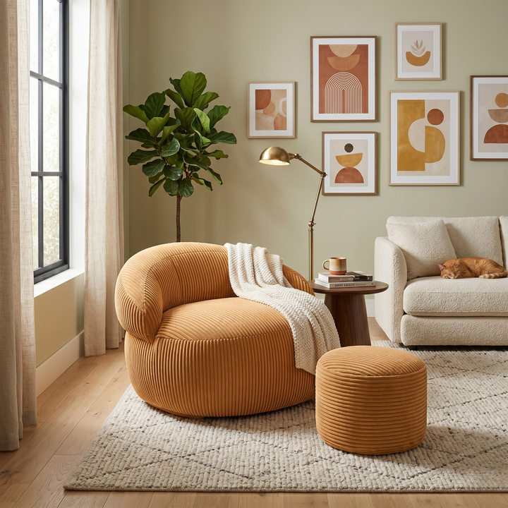 Pouf XXL En Velours Côtelé Déhoussable - 110 X 100 Cm + Repose-Pieds