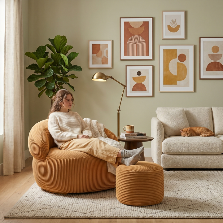 Pouf XXL En Velours Côtelé Déhoussable - 110 X 100 Cm + Repose-Pieds
