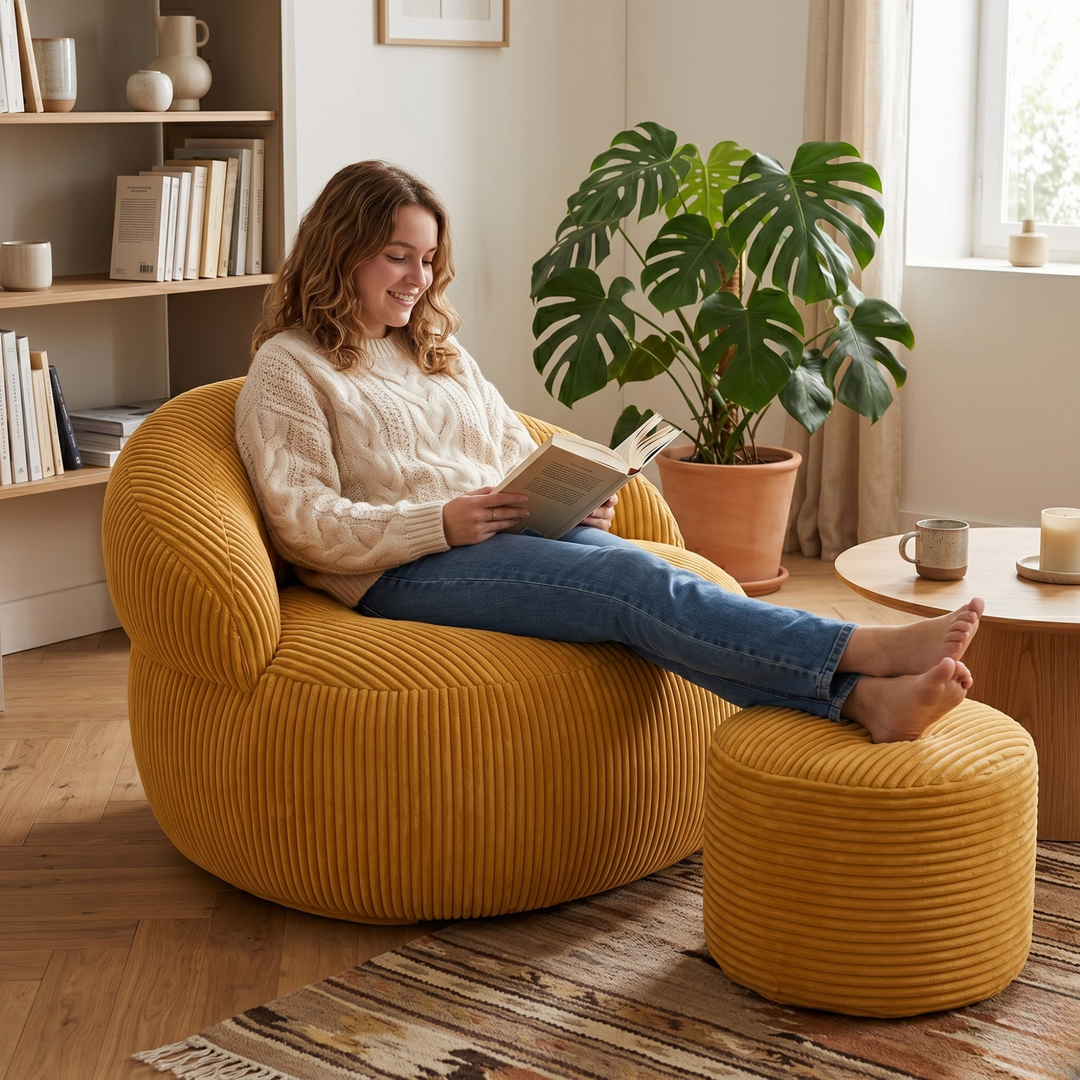 Pouf XXL En Velours Côtelé Déhoussable - 110 X 100 Cm + Repose-Pieds