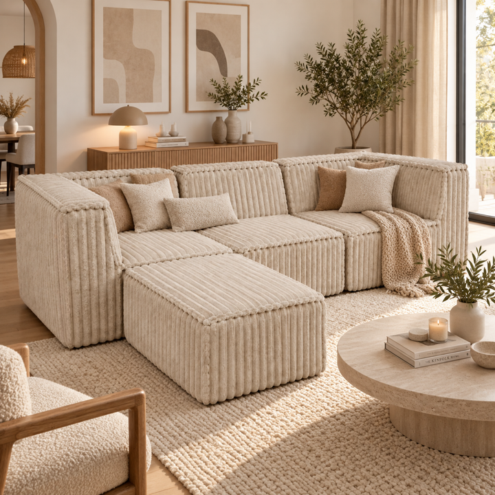 Canapé modulable 3 places déhoussable avec méridienne - Fourrure côtelée - 90x262 cm