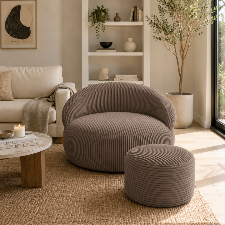 Pouf XXL En Velours Côtelé Déhoussable - 110 X 100 Cm + Repose-Pieds