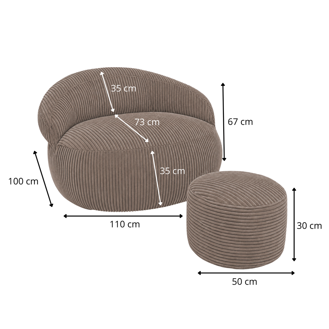 Pouf XXL En Velours Côtelé Déhoussable - 110 X 100 Cm + Repose-Pieds
