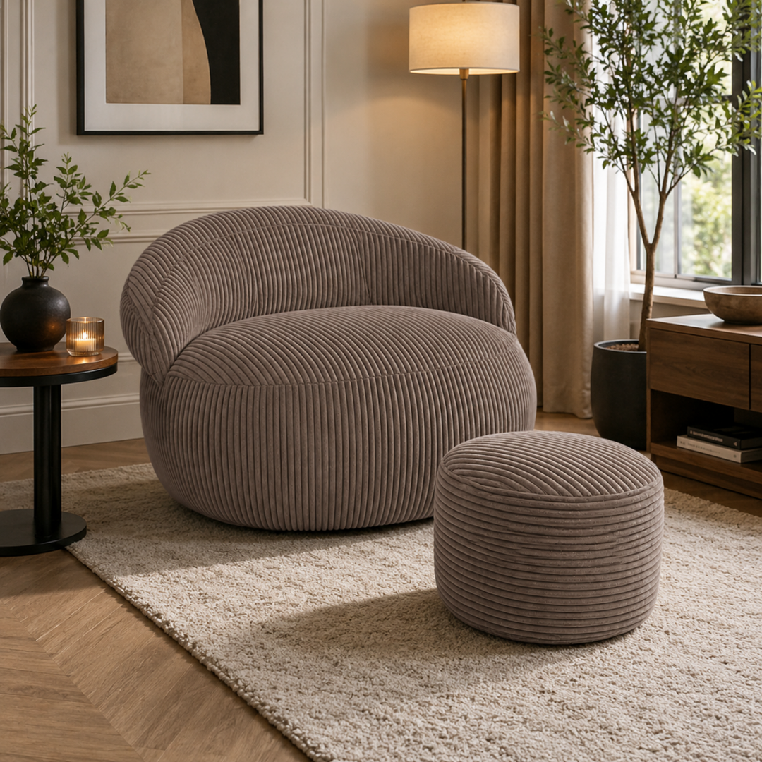 Pouf XXL En Velours Côtelé Déhoussable - 110 X 100 Cm + Repose-Pieds