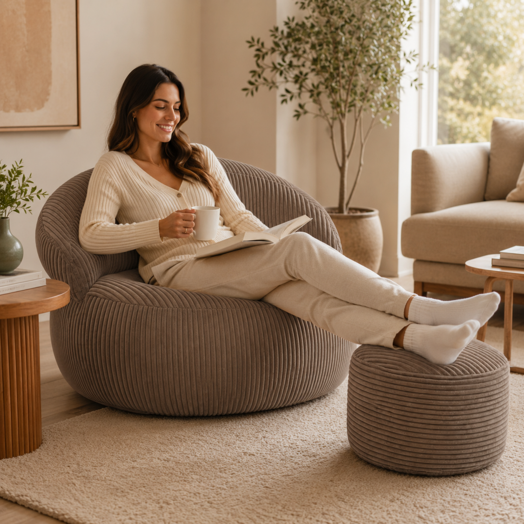 Pouf XXL En Velours Côtelé Déhoussable - 110 X 100 Cm + Repose-Pieds