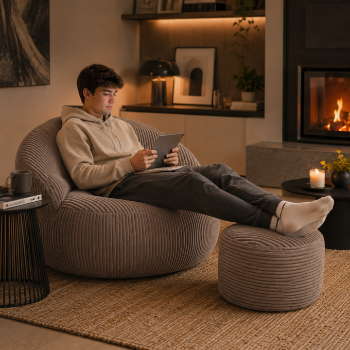 Pouf XXL En Velours Côtelé Déhoussable - 110 X 100 Cm + Repose-Pieds