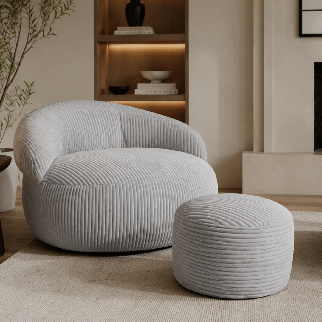 Pouf XXL En Velours Côtelé Déhoussable - 110 X 100 Cm + Repose-Pieds