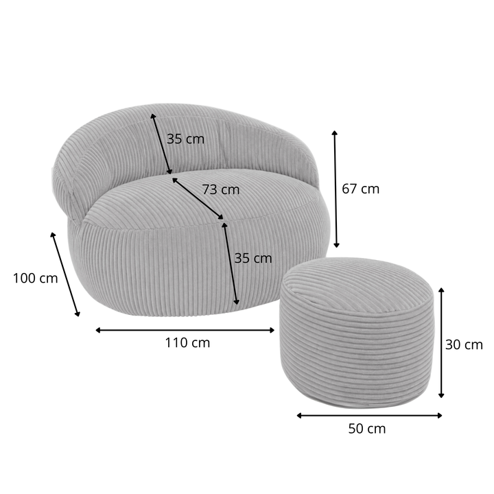 Pouf XXL En Velours Côtelé Déhoussable - 110 X 100 Cm + Repose-Pieds