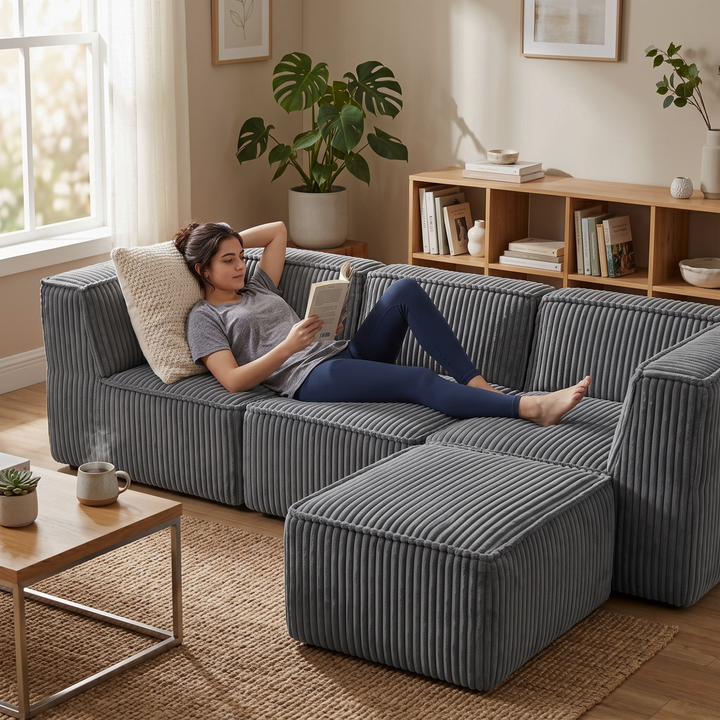 Canapé modulable 3 places avec méridienne - Velours côtelé - 90x262 cm