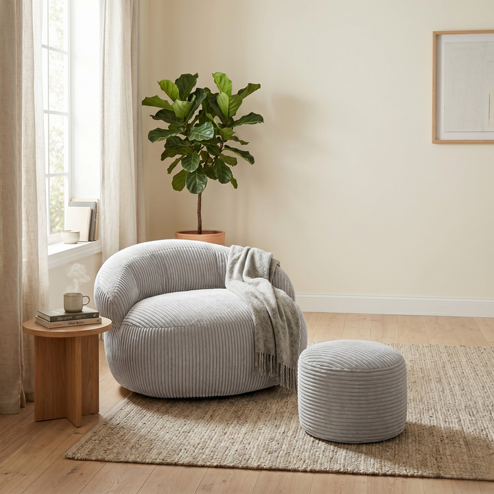 Pouf XXL En Velours Côtelé Déhoussable - 110 X 100 Cm + Repose-Pieds