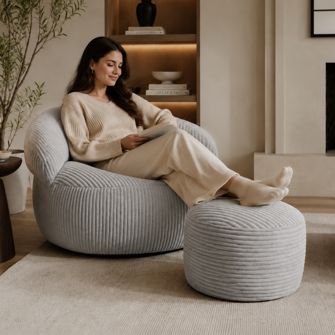 Pouf XXL En Velours Côtelé Déhoussable - 110 X 100 Cm + Repose-Pieds