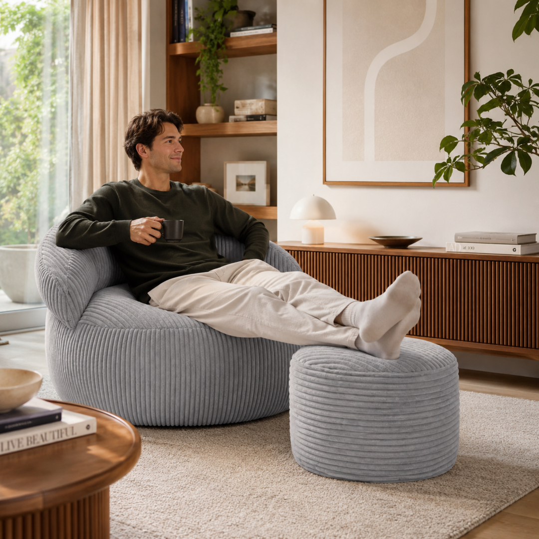 Pouf XXL En Velours Côtelé Déhoussable - 110 X 100 Cm + Repose-Pieds