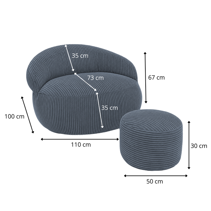 Pouf XXL En Velours Côtelé Déhoussable - 110 X 100 Cm + Repose-Pieds