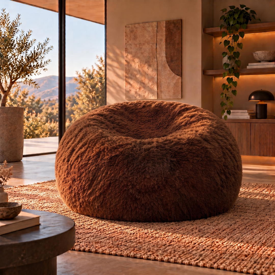 Pouf géant Banabag en fourrure marron, forme ronde, vue dans un intérieur