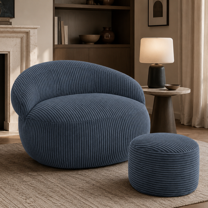 Pouf XXL En Velours Côtelé Déhoussable - 110 X 100 Cm + Repose-Pieds