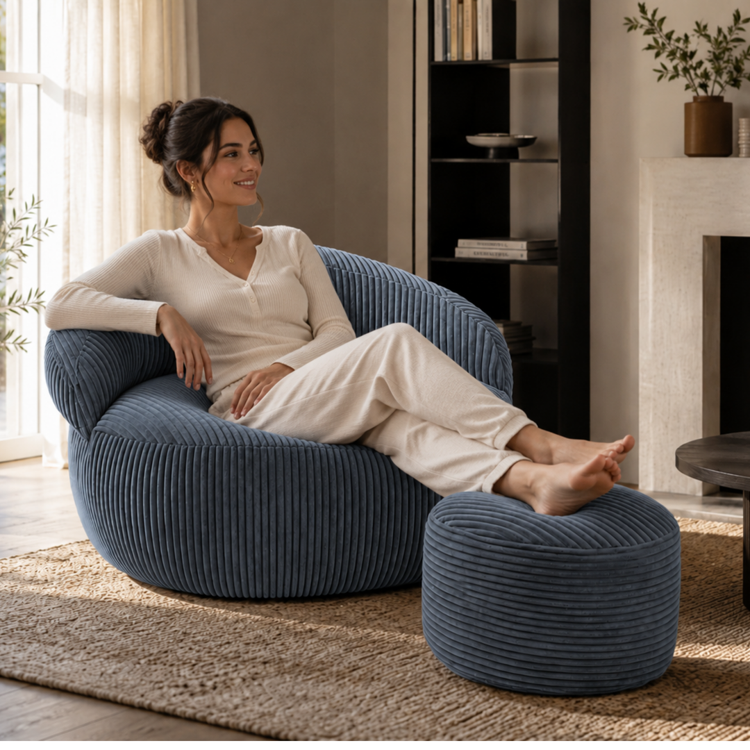 Pouf XXL En Velours Côtelé Déhoussable - 110 X 100 Cm + Repose-Pieds
