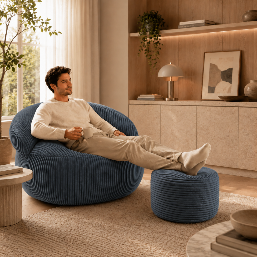 Pouf XXL En Velours Côtelé Déhoussable - 110 X 100 Cm + Repose-Pieds