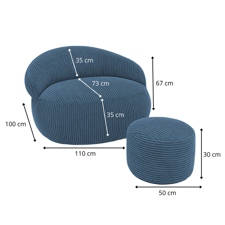 Pouf XXL En Velours Côtelé Déhoussable - 110 X 100 Cm + Repose-Pieds