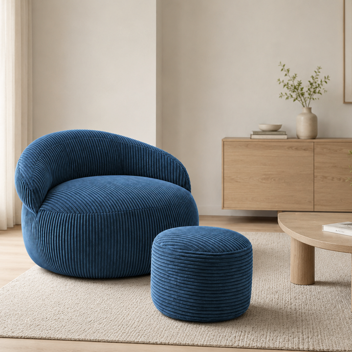 Pouf XXL En Velours Côtelé Déhoussable - 110 X 100 Cm + Repose-Pieds