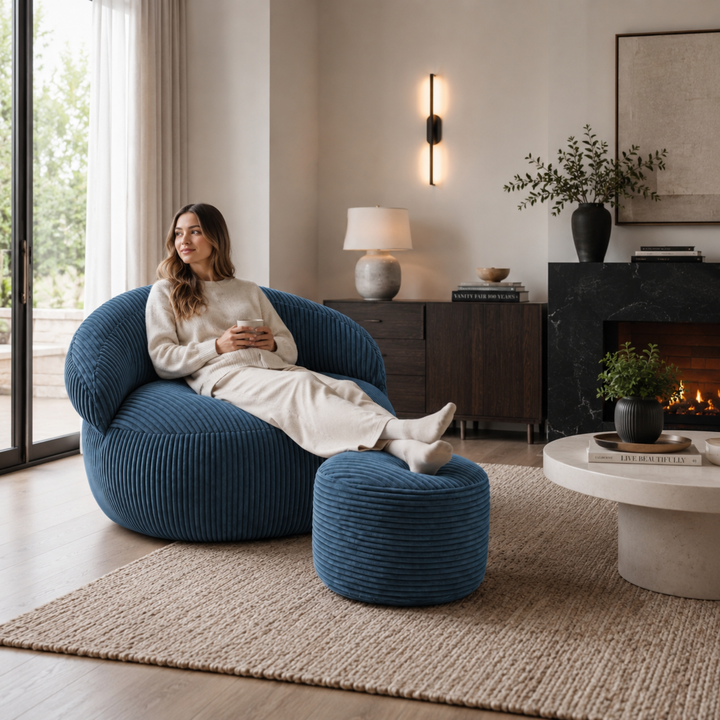 Pouf XXL En Velours Côtelé Déhoussable - 110 X 100 Cm + Repose-Pieds