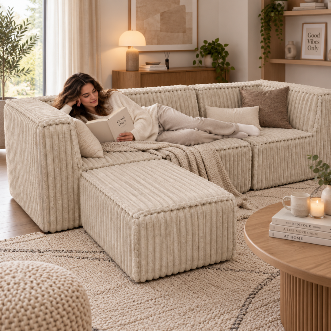 Canapé modulable 3 places déhoussable avec méridienne - Fourrure côtelée - 90x262 cm