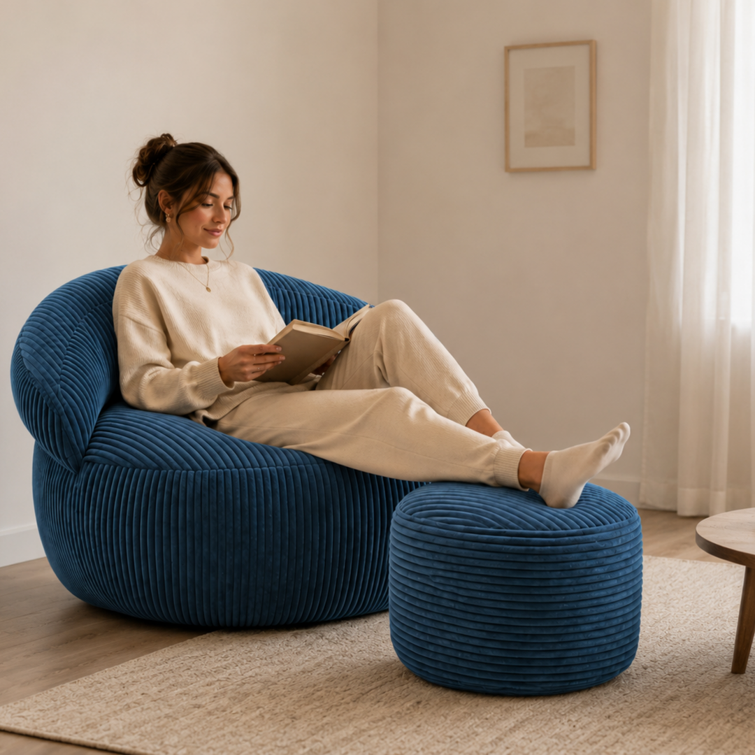 Pouf XXL En Velours Côtelé Déhoussable - 110 X 100 Cm + Repose-Pieds