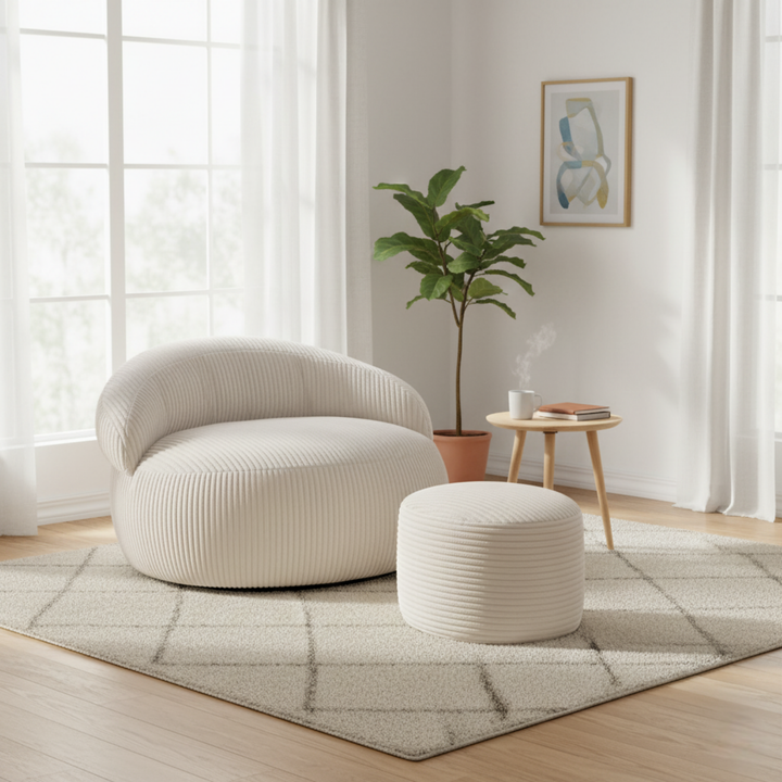 Pouf XXL En Velours Côtelé Déhoussable - 110 X 100 Cm + Repose-Pieds