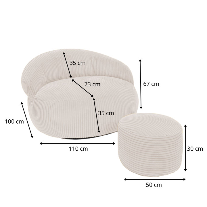 Pouf XXL En Velours Côtelé Déhoussable - 110 X 100 Cm + Repose-Pieds