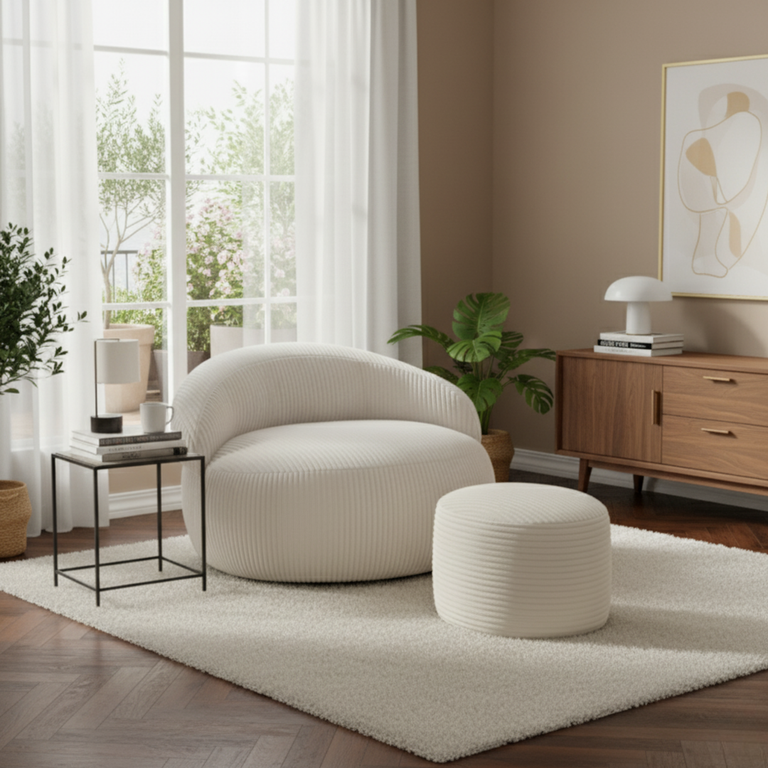 Pouf XXL En Velours Côtelé Déhoussable - 110 X 100 Cm + Repose-Pieds