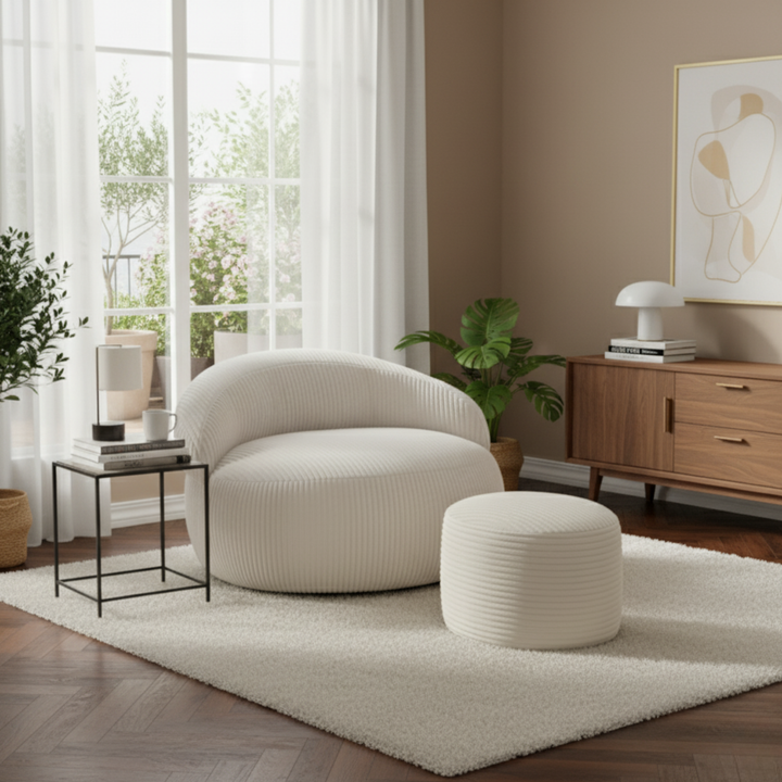 Pouf XXL En Velours Côtelé Déhoussable - 110 X 100 Cm + Repose-Pieds