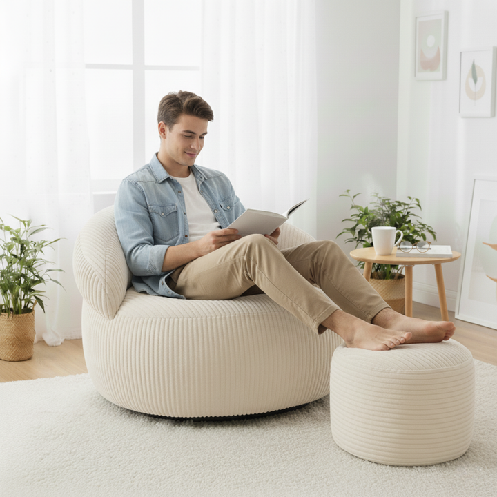 Pouf XXL En Velours Côtelé Déhoussable - 110 X 100 Cm + Repose-Pieds
