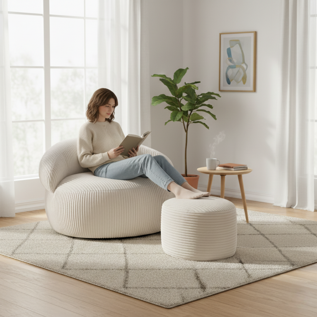 Pouf XXL En Velours Côtelé Déhoussable - 110 X 100 Cm + Repose-Pieds