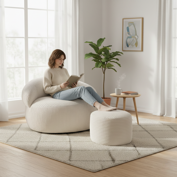 Pouf XXL En Velours Côtelé Déhoussable - 110 X 100 Cm + Repose-Pieds