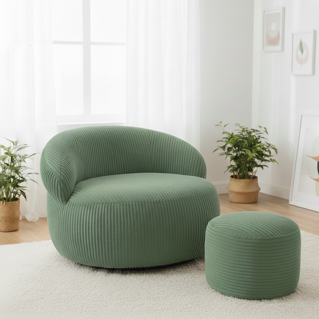 Pouf XXL En Velours Côtelé Déhoussable - 110 X 100 Cm + Repose-Pieds