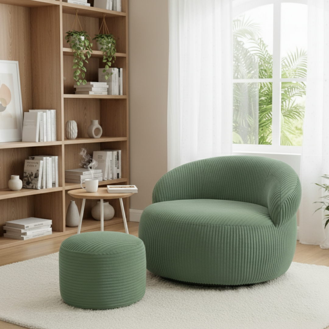 Pouf XXL En Velours Côtelé Déhoussable - 110 X 100 Cm + Repose-Pieds