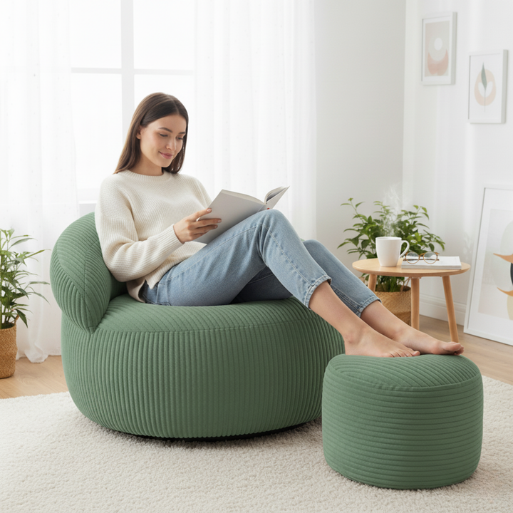 Pouf XXL En Velours Côtelé Déhoussable - 110 X 100 Cm + Repose-Pieds