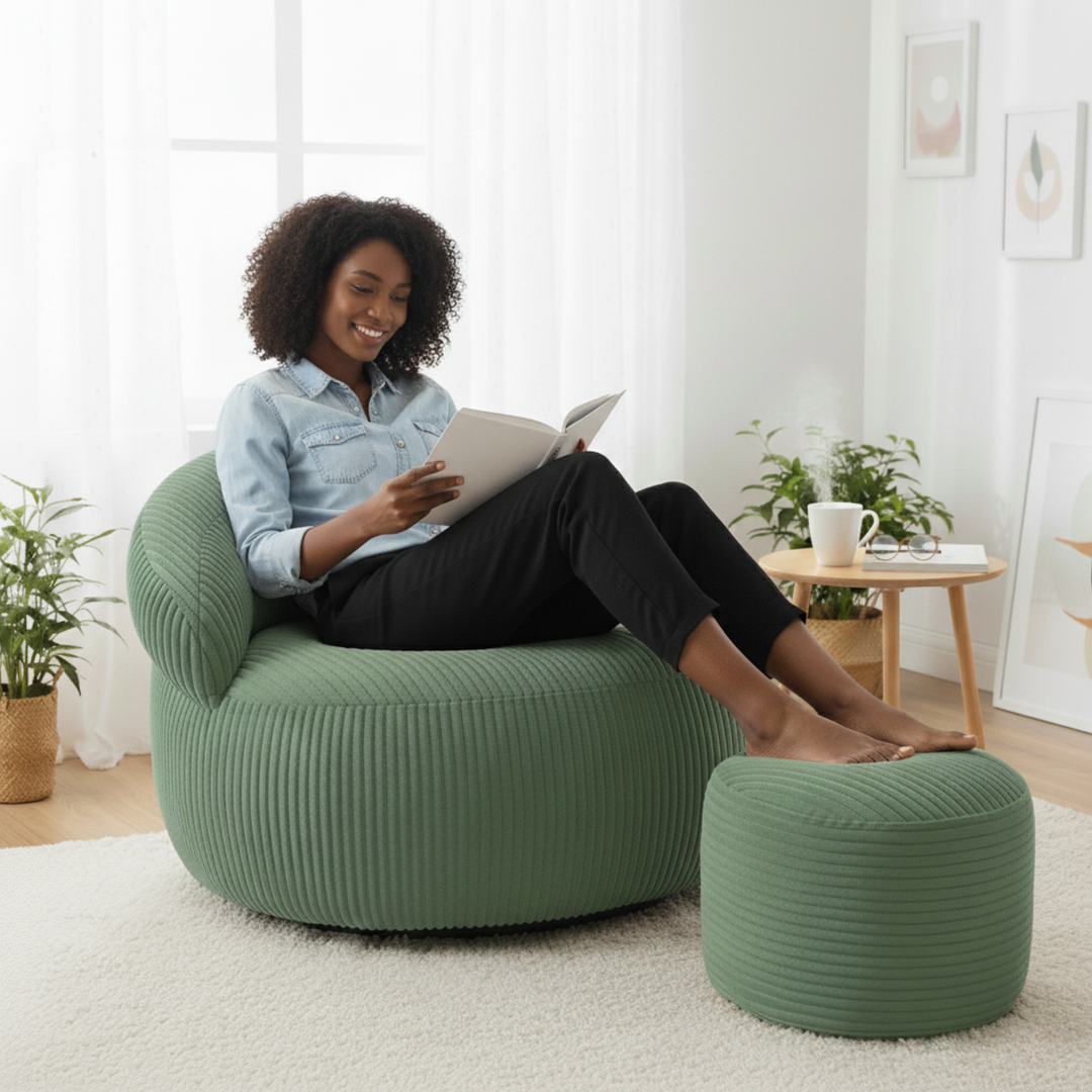 Pouf XXL En Velours Côtelé Déhoussable - 110 X 100 Cm + Repose-Pieds