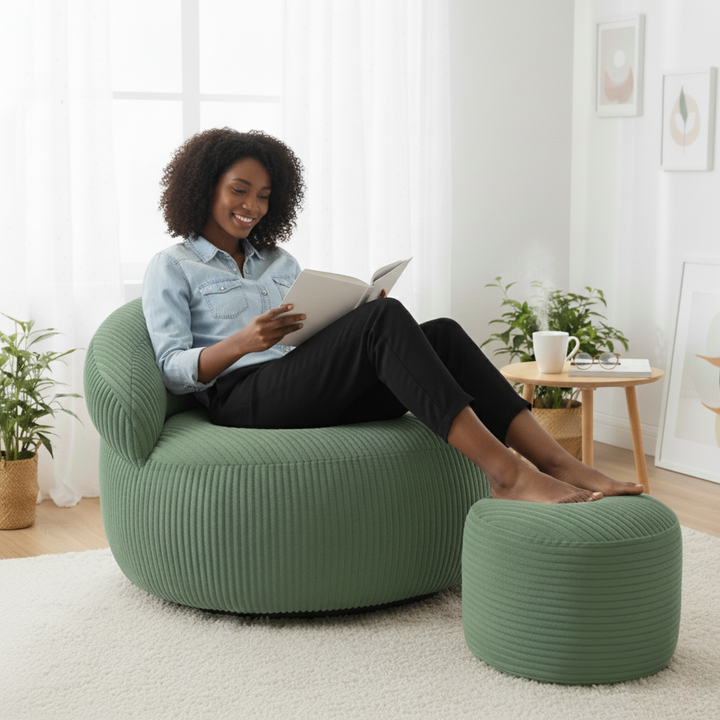 Pouf XXL En Velours Côtelé Déhoussable - 110 X 100 Cm + Repose-Pieds