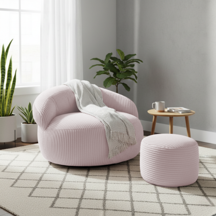 Pouf XXL En Velours Côtelé Déhoussable - 110 X 100 Cm + Repose-Pieds