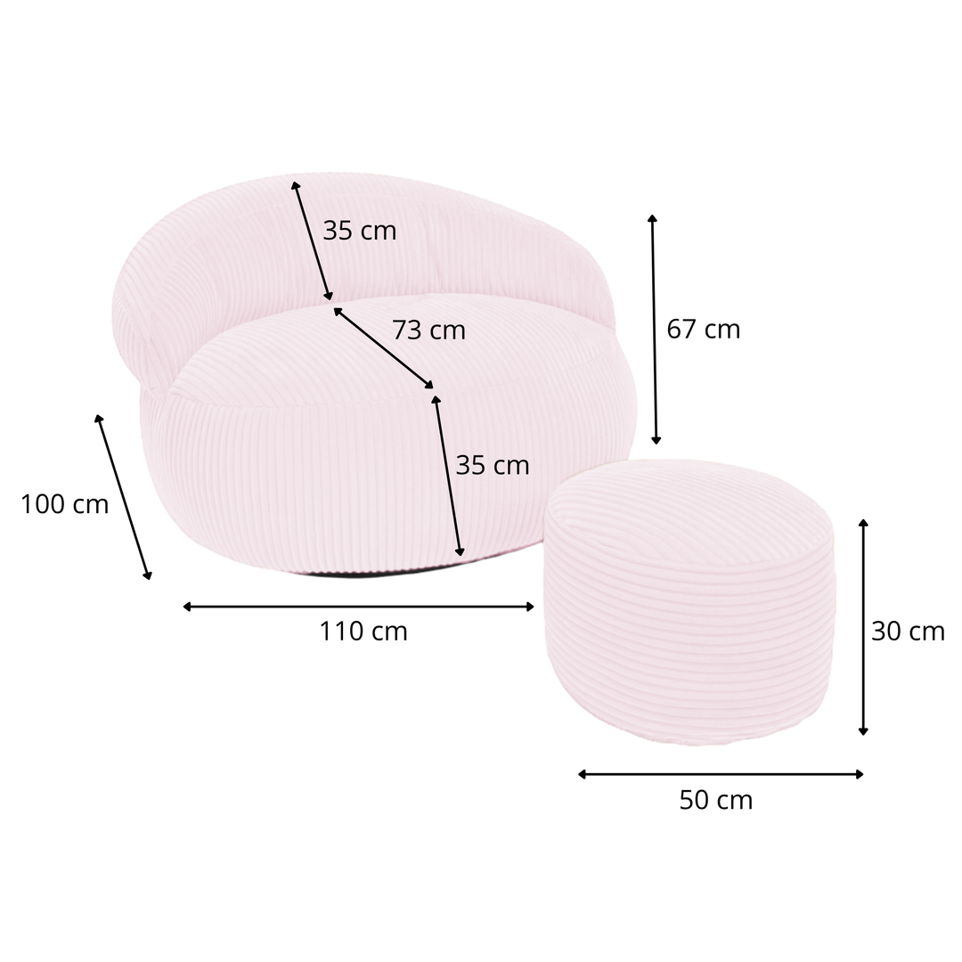 Pouf XXL En Velours Côtelé Déhoussable - 110 X 100 Cm + Repose-Pieds