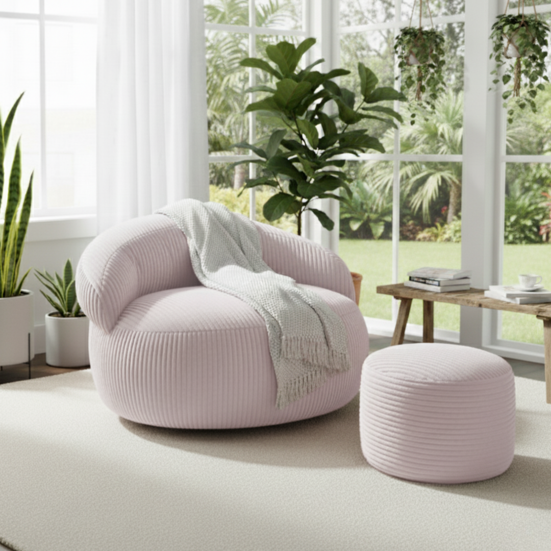 Pouf XXL En Velours Côtelé Déhoussable - 110 X 100 Cm + Repose-Pieds