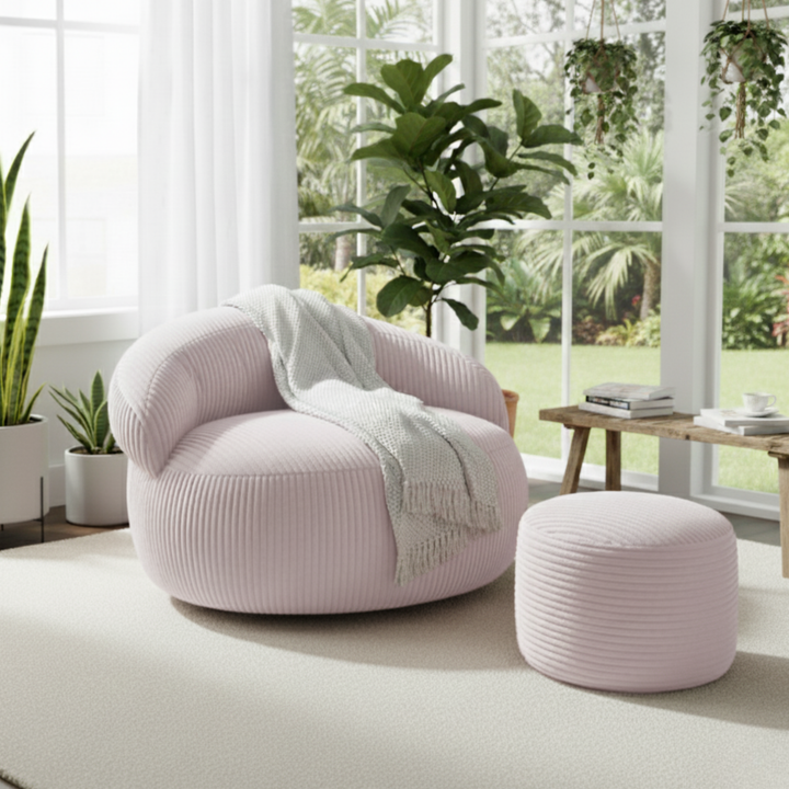 Pouf XXL En Velours Côtelé Déhoussable - 110 X 100 Cm + Repose-Pieds