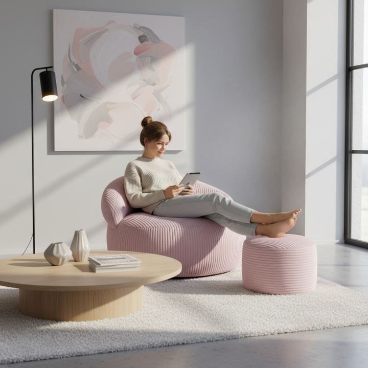 Pouf XXL En Velours Côtelé Déhoussable - 110 X 100 Cm + Repose-Pieds