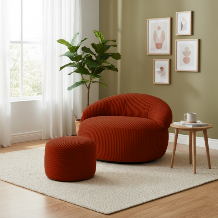 Pouf XXL En Velours Côtelé Déhoussable - 110 X 100 Cm + Repose-Pieds