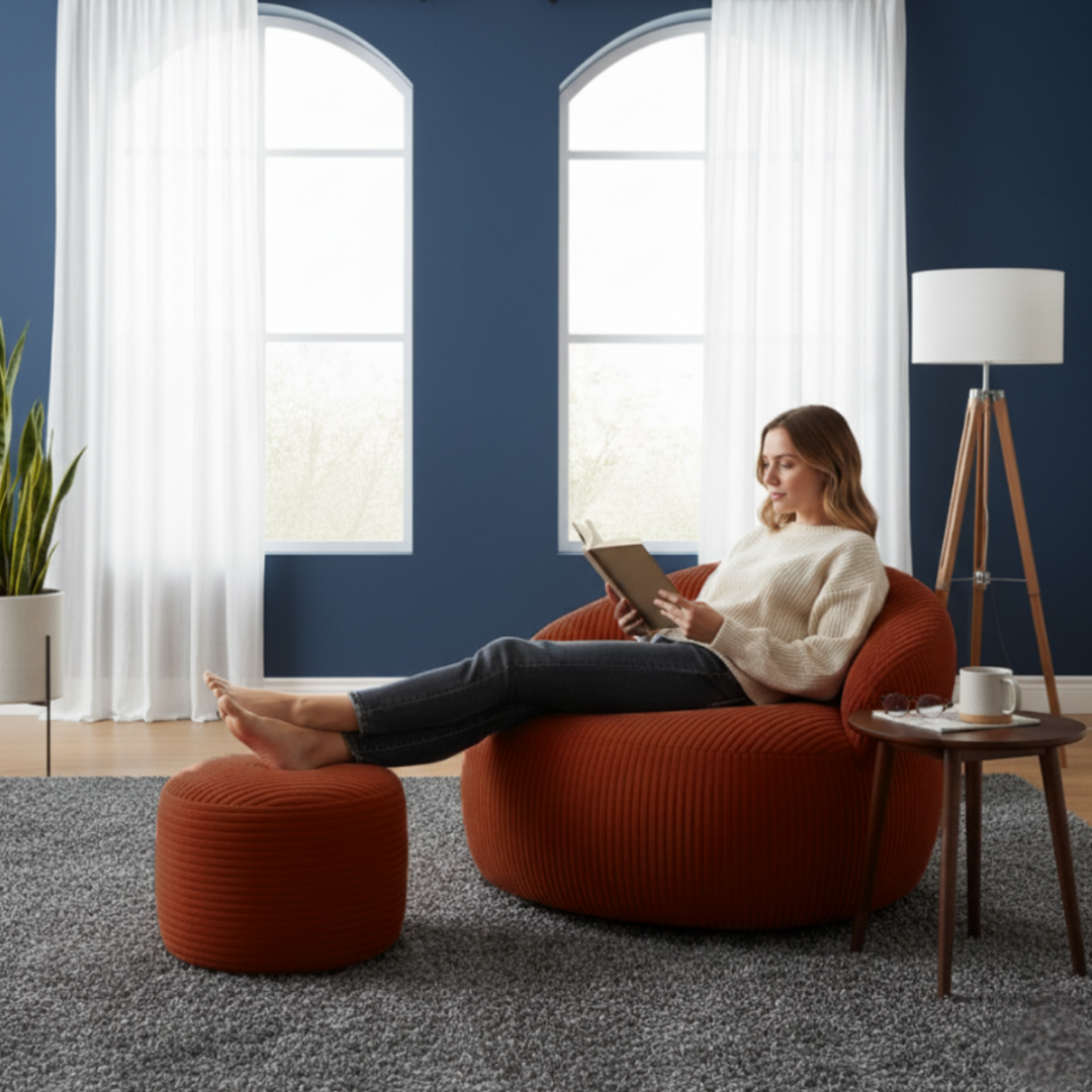 Pouf XXL En Velours Côtelé Déhoussable - 110 X 100 Cm + Repose-Pieds