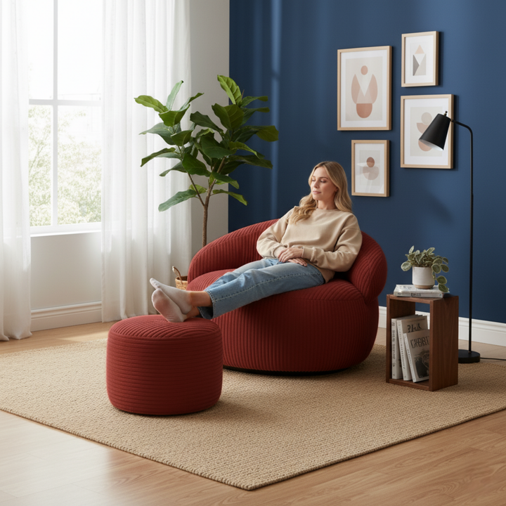 Pouf XXL En Velours Côtelé Déhoussable - 110 X 100 Cm + Repose-Pieds